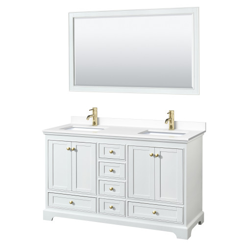 Wyndham WCS202060DWGWCUNSM58 Deborah 60 Inch Double Bathroom Vanity in White, White Cultured Marble Countertop, Undermount Square Sinks, Brushed Gold Trim, 58 Inch Mirror