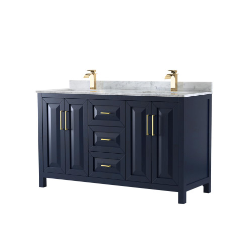 Wyndham WCV252560DBLCMUNSMXX Daria 60 Inch Double Bathroom Vanity in Dark Blue, White Carrara Marble Countertop, Undermount Square Sinks, No Mirror