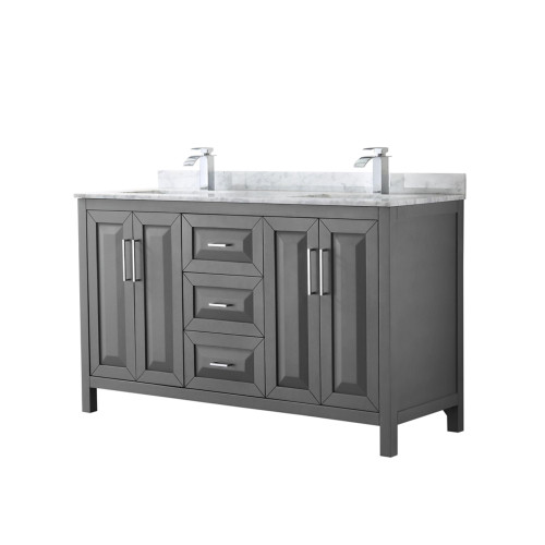 Wyndham WCV252560DKGCMUNSMXX Daria 60 Inch Double Bathroom Vanity in Dark Gray, White Carrara Marble Countertop, Undermount Square Sinks, and No Mirror