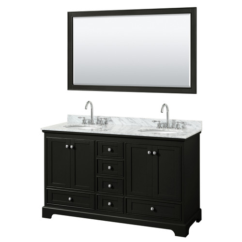 Wyndham WCS202060DDECMUNOM58 Deborah 60 Inch Double Bathroom Vanity in Dark Espresso, White Carrara Marble Countertop, Undermount Oval Sinks, and 58 Inch Mirror