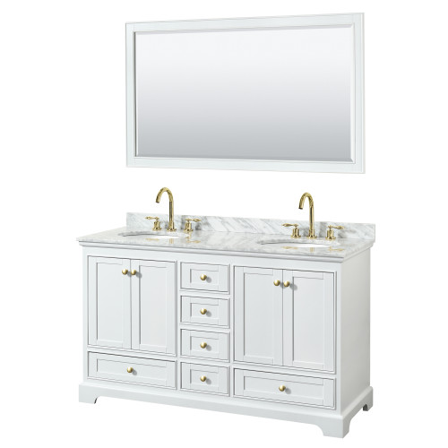 Wyndham WCS202060DWGCMUNOM58 Deborah 60 Inch Double Bathroom Vanity in White, White Carrara Marble Countertop, Undermount Oval Sinks, Brushed Gold Trim, 58 Inch Mirror