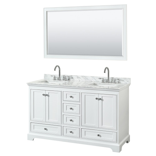 Wyndham WCS202060DWHCMUNSM58 Deborah 60 Inch Double Bathroom Vanity in White, White Carrara Marble Countertop, Undermount Square Sinks, and 58 Inch Mirror