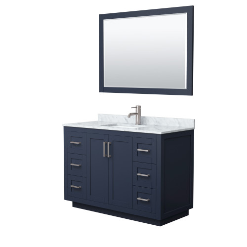 Wyndham WCF292948SBNCMUNSM46 Miranda 48 Inch Single Bathroom Vanity in Dark Blue, White Carrara Marble Countertop, Undermount Square Sink, Brushed Nickel Trim, 46 Inch Mirror
