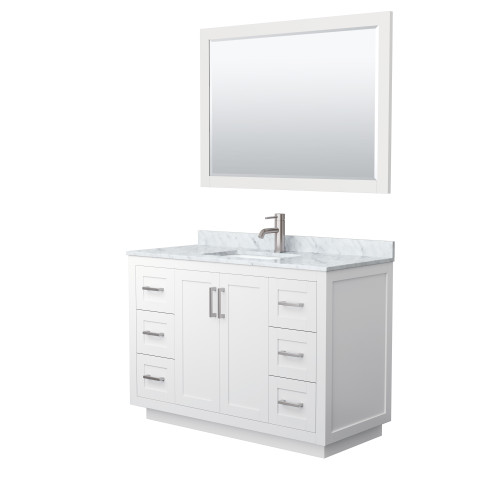 Wyndham WCF292948SWHCMUNSM46 Miranda 48 Inch Single Bathroom Vanity in White, White Carrara Marble Countertop, Undermount Square Sink, Brushed Nickel Trim, 46 Inch Mirror