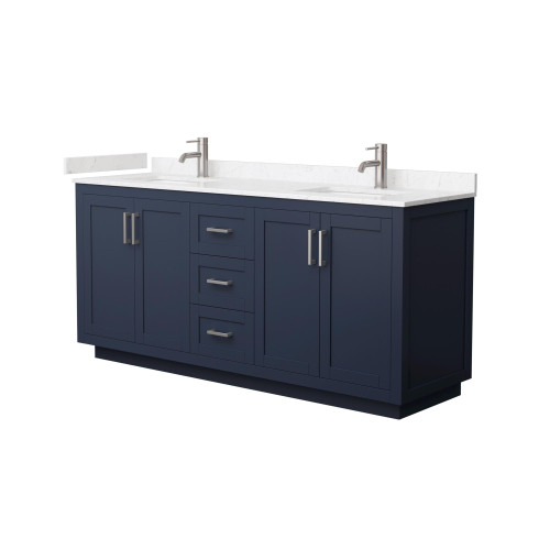 Wyndham WCF292972DBNC2UNSMXX Miranda 72 Inch Double Bathroom Vanity in Dark Blue, Light-Vein Carrara Cultured Marble Countertop, Undermount Square Sinks, Brushed Nickel Trim