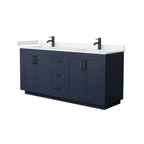 Wyndham WCF292972DBBC2UNSMXX Miranda 72 Inch Double Bathroom Vanity in Dark Blue, Light-Vein Carrara Cultured Marble Countertop, Undermount Square Sinks, Matte Black Trim