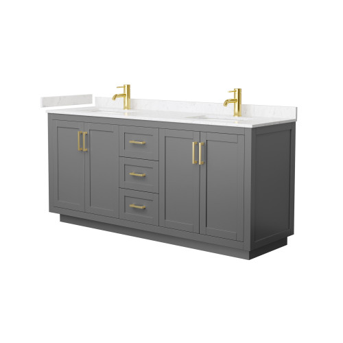 Wyndham WCF292972DGGC2UNSMXX Miranda 72 Inch Double Bathroom Vanity in Dark Gray, Light-Vein Carrara Cultured Marble Countertop, Undermount Square Sinks, Brushed Gold Trim