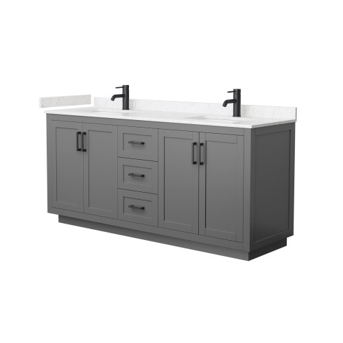 Wyndham WCF292972DGBC2UNSMXX Miranda 72 Inch Double Bathroom Vanity in Dark Gray, Light-Vein Carrara Cultured Marble Countertop, Undermount Square Sinks, Matte Black Trim