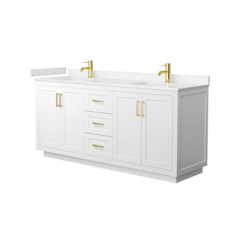 Wyndham WCF292972DWGC2UNSMXX Miranda 72 Inch Double Bathroom Vanity in White, Light-Vein Carrara Cultured Marble Countertop, Undermount Square Sinks, Brushed Gold Trim