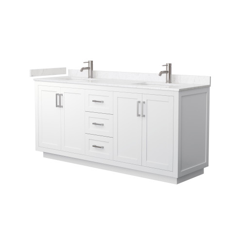 Wyndham WCF292972DWHC2UNSMXX Miranda 72 Inch Double Bathroom Vanity in White, Light-Vein Carrara Cultured Marble Countertop, Undermount Square Sinks, Brushed Nickel Trim