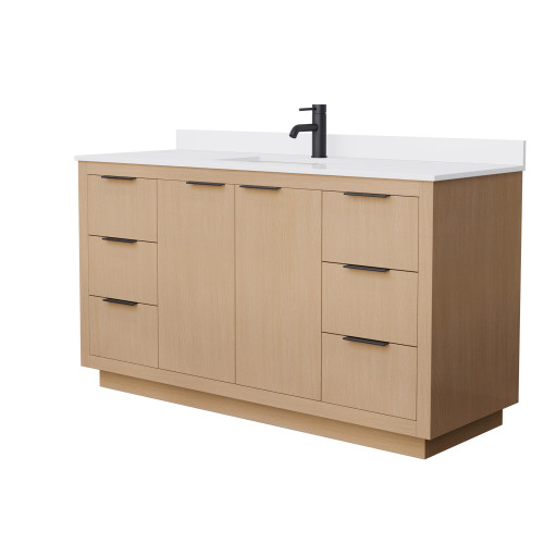 Wyndham WCF282860SLBWCUNSMXX Maroni 60 Inch Single Bathroom Vanity in Light Straw, White Cultured Marble Countertop, Undermount Square Sink, Matte Black Trim