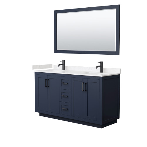 Wyndham WCF292960DBBC2UNSM58 Miranda 60 Inch Double Bathroom Vanity in Dark Blue, Light-Vein Carrara Cultured Marble Countertop, Undermount Square Sinks, Matte Black Trim, 58 Inch Mirror