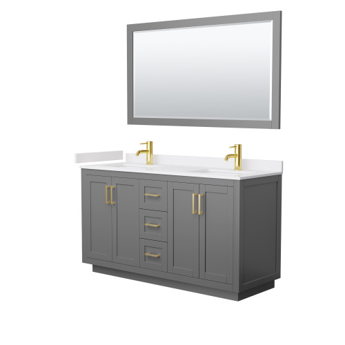 Wyndham WCF292960DGGWCUNSM58 Miranda 60 Inch Double Bathroom Vanity in Dark Gray, White Cultured Marble Countertop, Undermount Square Sinks, Brushed Gold Trim, 58 Inch Mirror