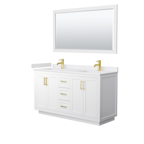 Wyndham WCF292960DWGWCUNSM58 Miranda 60 Inch Double Bathroom Vanity in White, White Cultured Marble Countertop, Undermount Square Sinks, Brushed Gold Trim, 58 Inch Mirror