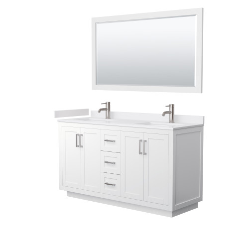 Wyndham WCF292960DWHWCUNSM58 Miranda 60 Inch Double Bathroom Vanity in White, White Cultured Marble Countertop, Undermount Square Sinks, Brushed Nickel Trim, 58 Inch Mirror