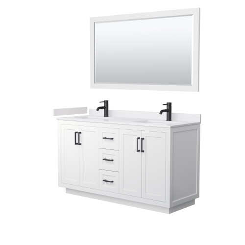 Wyndham WCF292960DWBWCUNSM58 Miranda 60 Inch Double Bathroom Vanity in White, White Cultured Marble Countertop, Undermount Square Sinks, Matte Black Trim, 58 Inch Mirror
