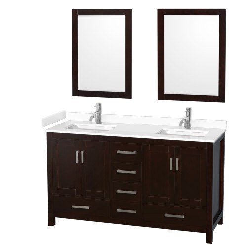 Wyndham WCS141460DESWCUNSM24 Sheffield 60 Inch Double Bathroom Vanity in Espresso, White Cultured Marble Countertop, Undermount Square Sinks, 24 Inch Mirrors