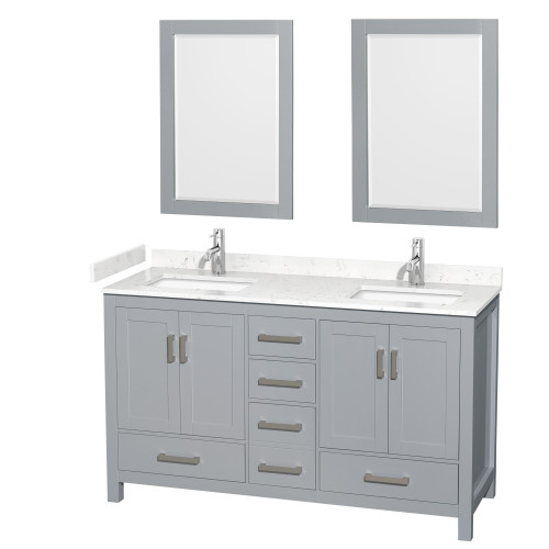 Wyndham WCS141460DGYC2UNSM24 Sheffield 60 Inch Double Bathroom Vanity in Gray, Carrara Cultured Marble Countertop, Undermount Square Sinks, 24 Inch Mirrors