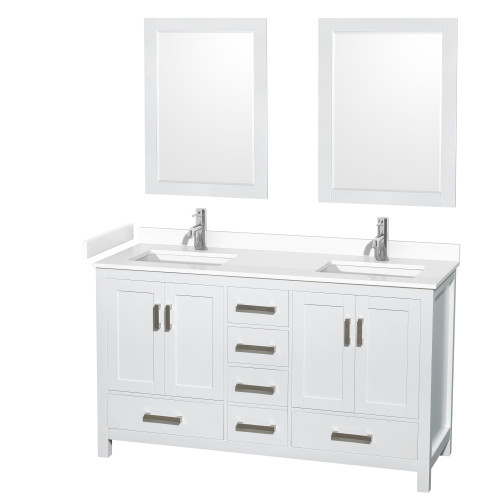 Wyndham WCS141460DWHWCUNSM24 Sheffield 60 Inch Double Bathroom Vanity in White, White Cultured Marble Countertop, Undermount Square Sinks, 24 Inch Mirrors