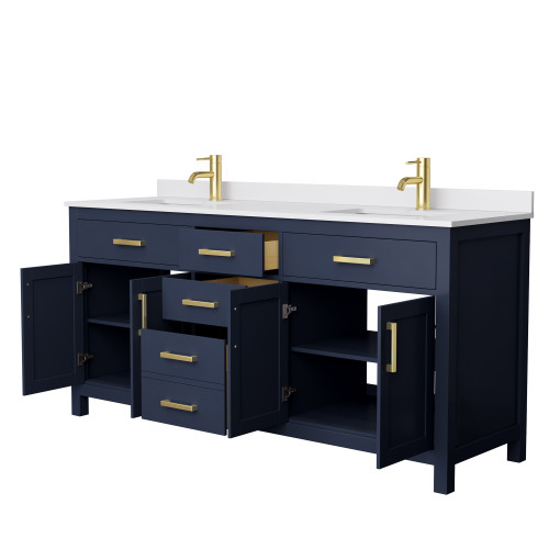 Wyndham WCG242472DBLWCUNSMXX Beckett 72 Inch Double Bathroom Vanity in Dark Blue, White Cultured Marble Countertop, Undermount Square Sinks, No Mirror