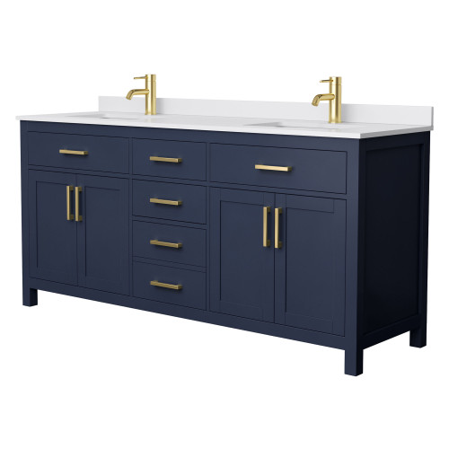 Wyndham WCG242472DBLWCUNSMXX Beckett 72 Inch Double Bathroom Vanity in Dark Blue, White Cultured Marble Countertop, Undermount Square Sinks, No Mirror