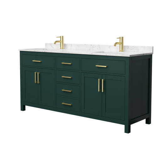 Wyndham WCG242472DGDCCUNSMXX Beckett 72 Inch Double Bathroom Vanity in Green, Carrara Cultured Marble Countertop, Undermount Square Sinks, Brushed Gold Trim
