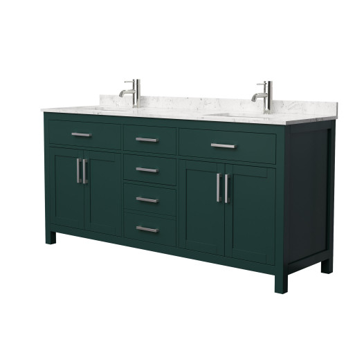 Wyndham WCG242472DGECCUNSMXX Beckett 72 Inch Double Bathroom Vanity in Green, Carrara Cultured Marble Countertop, Undermount Square Sinks, Brushed Nickel Trim