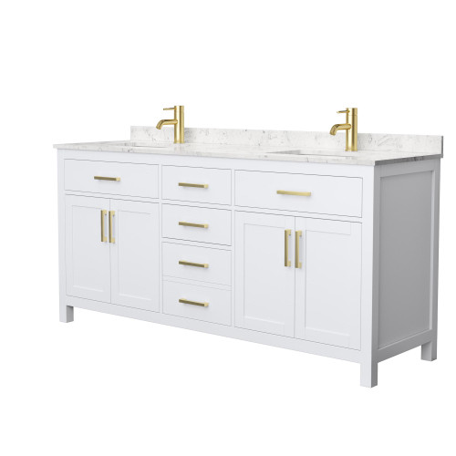 Wyndham WCG242472DWGCCUNSMXX Beckett 72 Inch Double Bathroom Vanity in White, Carrara Cultured Marble Countertop, Undermount Square Sinks, Brushed Gold Trim