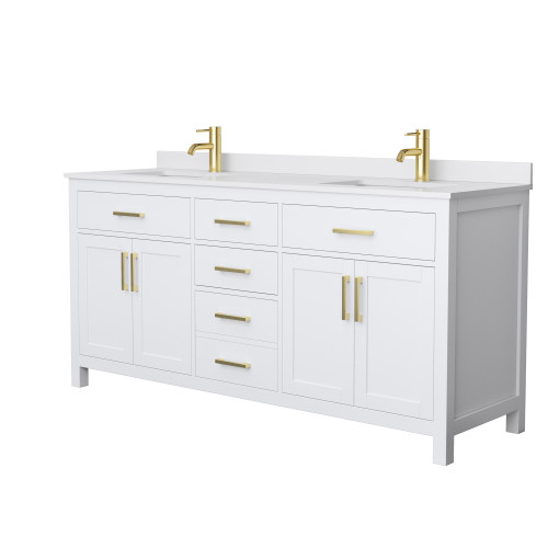 Wyndham WCG242472DWGWCUNSMXX Beckett 72 Inch Double Bathroom Vanity in White, White Cultured Marble Countertop, Undermount Square Sinks, Brushed Gold Trim