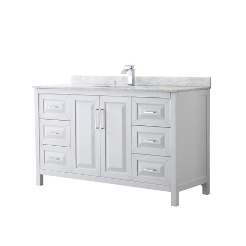 Wyndham WCV252560SWHCMUNSMXX Daria 60 Inch Single Bathroom Vanity in White, White Carrara Marble Countertop, Undermount Square Sink, and No Mirror