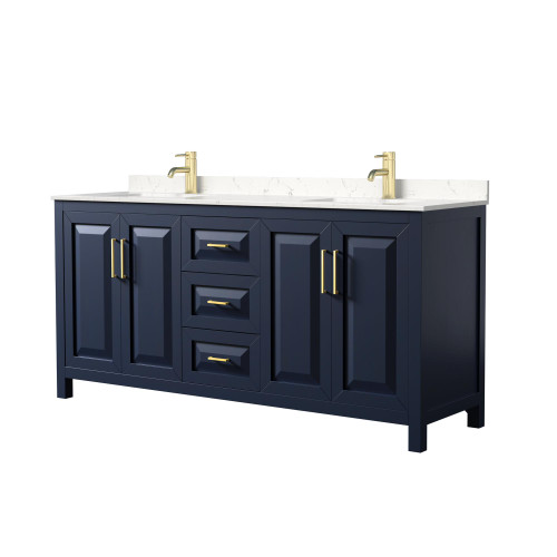 Wyndham WCV252572DBLC2UNSMXX Daria 72 Inch Double Bathroom Vanity in Dark Blue, Light-Vein Carrara Cultured Marble Countertop, Undermount Square Sinks, No Mirror