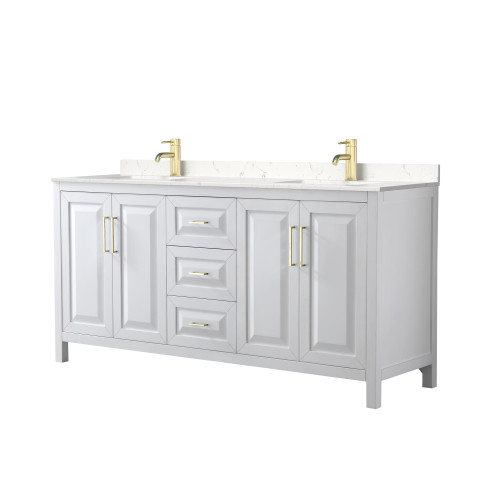 Wyndham WCV252572DWGC2UNSMXX Daria 72 Inch Double Bathroom Vanity in White, Light-Vein Carrara Cultured Marble Countertop, Undermount Square Sinks, Brushed Gold Trim