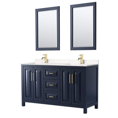 Wyndham WCV252560DBLC2UNSM24 Daria 60 Inch Double Bathroom Vanity in Dark Blue, Light-Vein Carrara Cultured Marble Countertop, Undermount Square Sinks, 24 Inch Mirrors