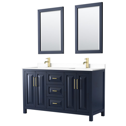 Wyndham WCV252560DBLWCUNSM24 Daria 60 Inch Double Bathroom Vanity in Dark Blue, White Cultured Marble Countertop, Undermount Square Sinks, 24 Inch Mirrors