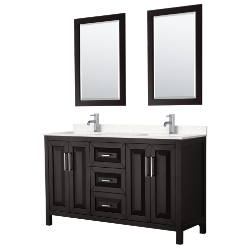 Wyndham WCV252560DDEC2UNSM24 Daria 60 Inch Double Bathroom Vanity in Dark Espresso, Light-Vein Carrara Cultured Marble Countertop, Undermount Square Sinks, 24 Inch Mirrors