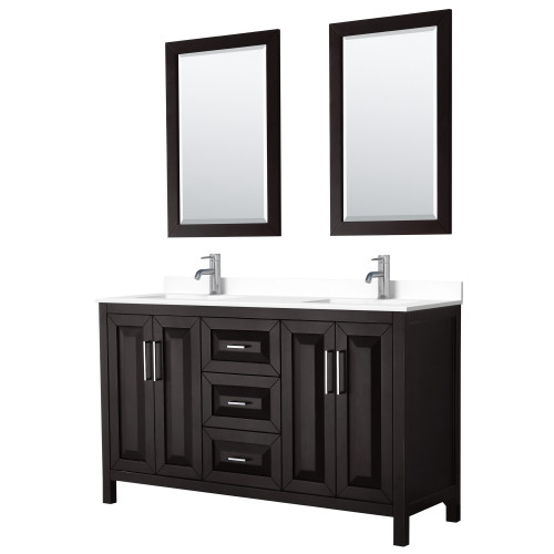 Wyndham WCV252560DDEWCUNSM24 Daria 60 Inch Double Bathroom Vanity in Dark Espresso, White Cultured Marble Countertop, Undermount Square Sinks, 24 Inch Mirrors