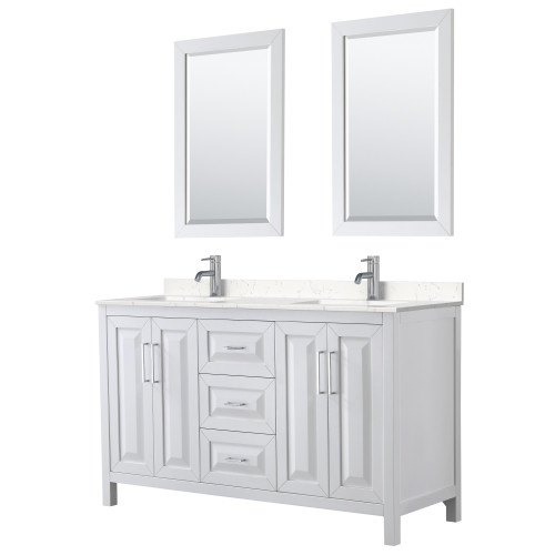 Wyndham WCV252560DWHC2UNSM24 Daria 60 Inch Double Bathroom Vanity in White, Light-Vein Carrara Cultured Marble Countertop, Undermount Square Sinks, 24 Inch Mirrors