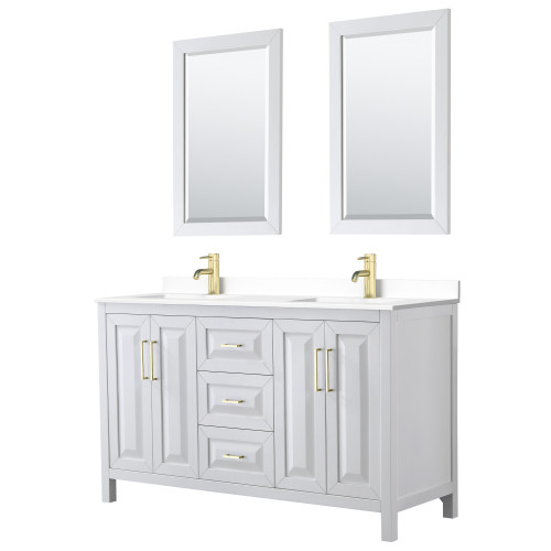 Wyndham WCV252560DWGWCUNSM24 Daria 60 Inch Double Bathroom Vanity in White, White Cultured Marble Countertop, Undermount Square Sinks, 24 Inch Mirrors, Brushed Gold Trim