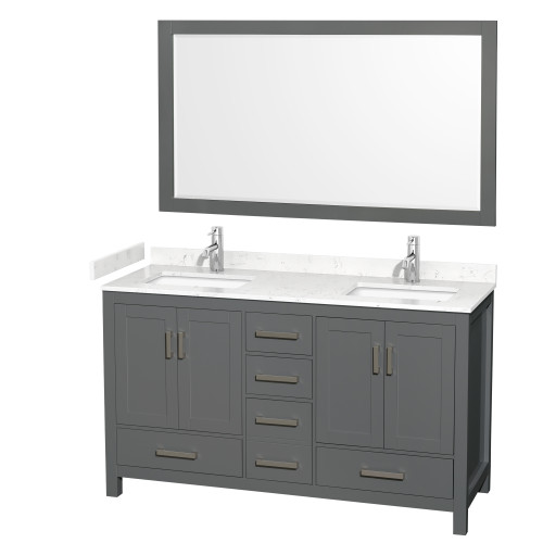 Wyndham WCS141460DKGC2UNSM58 Sheffield 60 Inch Double Bathroom Vanity in Dark Gray, Carrara Cultured Marble Countertop, Undermount Square Sinks, 58 Inch Mirror