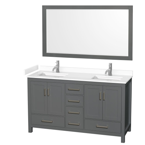 Wyndham WCS141460DKGWCUNSM58 Sheffield 60 Inch Double Bathroom Vanity in Dark Gray, White Cultured Marble Countertop, Undermount Square Sinks, 58 Inch Mirror