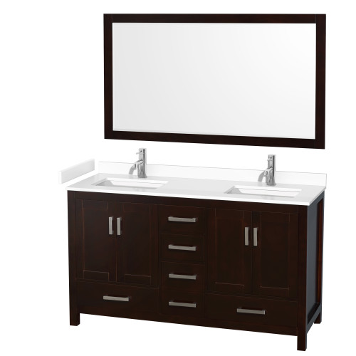Wyndham WCS141460DESWCUNSM58 Sheffield 60 Inch Double Bathroom Vanity in Espresso, White Cultured Marble Countertop, Undermount Square Sinks, 58 Inch Mirror