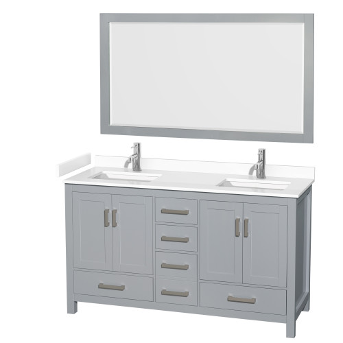Wyndham WCS141460DGYWCUNSM58 Sheffield 60 Inch Double Bathroom Vanity in Gray, White Cultured Marble Countertop, Undermount Square Sinks, 58 Inch Mirror