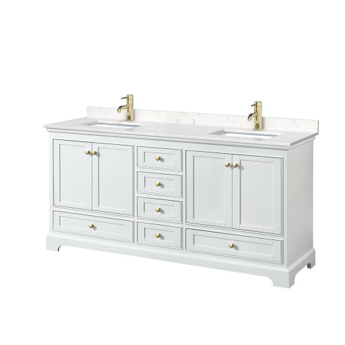 Wyndham WCS202072DWGC2UNSMXX Deborah 72 Inch Double Bathroom Vanity in White, Carrara Cultured Marble Countertop, Undermount Square Sinks, Brushed Gold Trim, No Mirrors