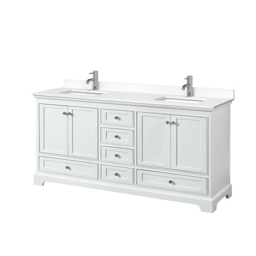 Wyndham WCS202072DWHWCUNSMXX Deborah 72 Inch Double Bathroom Vanity in White, White Cultured Marble Countertop, Undermount Square Sinks, No Mirrors