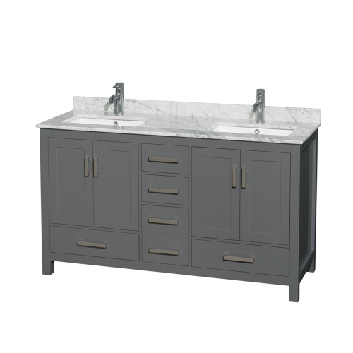 Wyndham WCS141460DKGCMUNSMXX Sheffield 60 Inch Double Bathroom Vanity in Dark Gray, White Carrara Marble Countertop, Undermount Square Sinks, and No Mirror