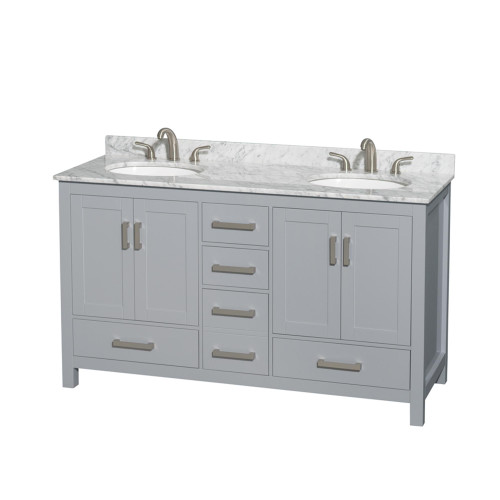 Wyndham WCS141460DGYCMUNOMXX Sheffield 60 Inch Double Bathroom Vanity in Gray, White Carrara Marble Countertop, Undermount Oval Sinks, and No Mirror