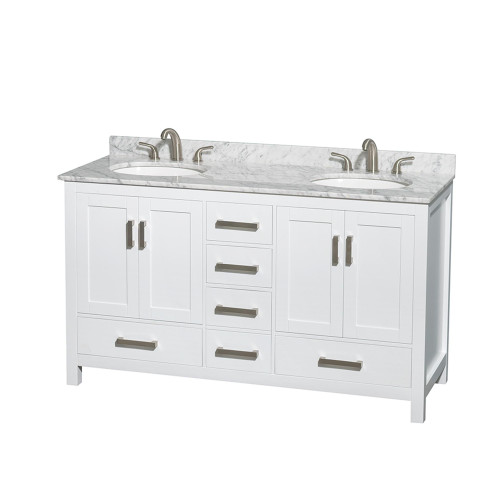 Wyndham WCS141460DWHCMUNOMXX Sheffield 60 Inch Double Bathroom Vanity in White, White Carrara Marble Countertop, Undermount Oval Sinks, and No Mirror