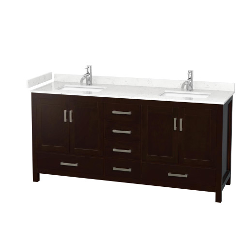 Wyndham WCS141472DESC2UNSMXX Sheffield 72 Inch Double Bathroom Vanity in Espresso, Carrara Cultured Marble Countertop, Undermount Square Sinks, No Mirror