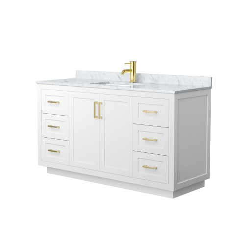 Wyndham WCF292960SWGCMUNSMXX Miranda 60 Inch Single Bathroom Vanity in White, White Carrara Marble Countertop, Undermount Square Sink, Brushed Gold Trim