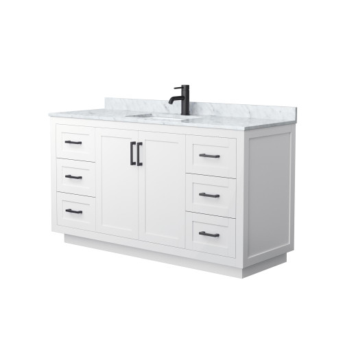 Wyndham WCF292960SWBCMUNSMXX Miranda 60 Inch Single Bathroom Vanity in White, White Carrara Marble Countertop, Undermount Square Sink, Matte Black Trim